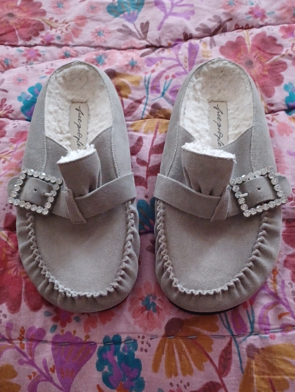 Free People Gray Suede Mule Clogs with Crystal Buckles